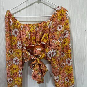 Madden NYC Floral Crop Top Yellow Orange White Back Tie Boho Summer LS Size M